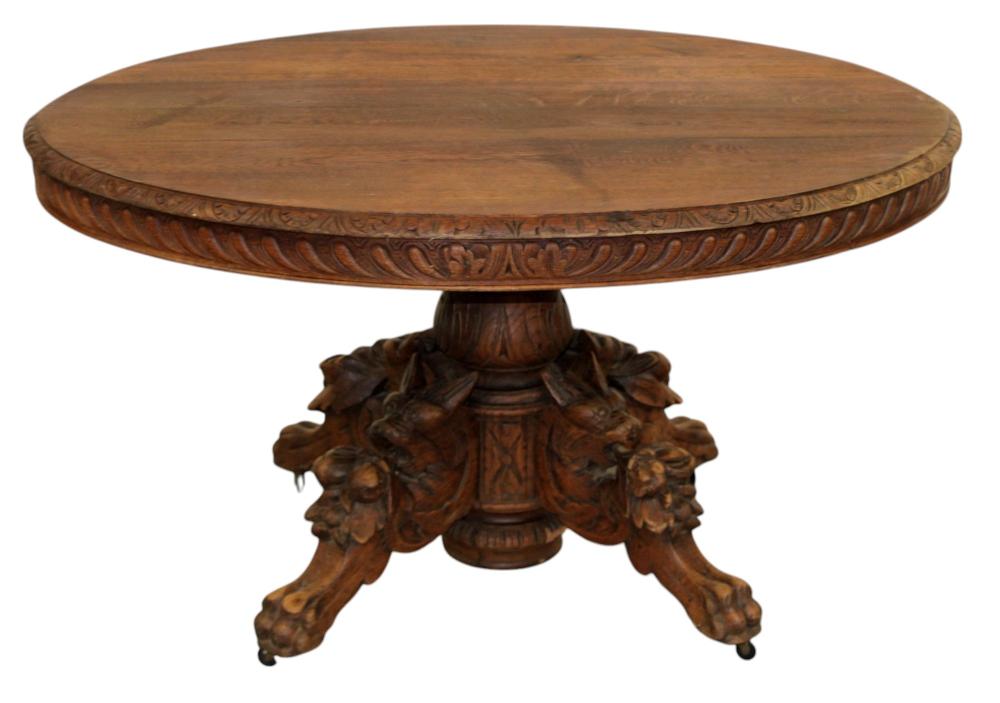 <b>French Hunt Table w/Carved Pedestal</b><br>approx. 27 in. T x 52 x 44<br>circa late-19 cen., France 