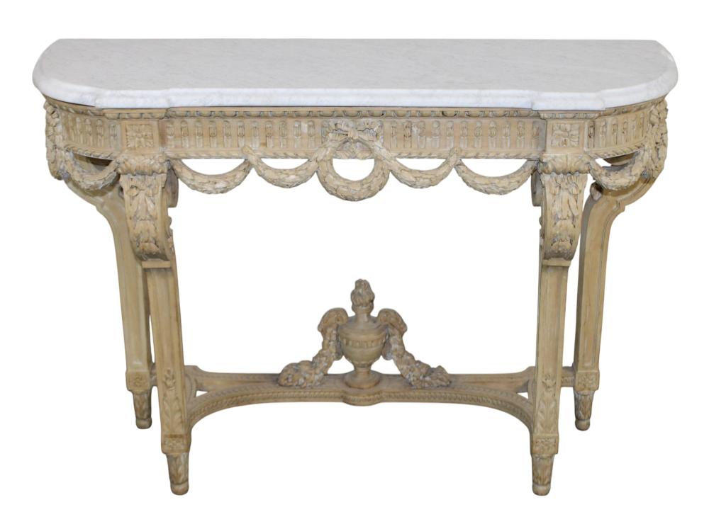 <b> French Louis XVI-Style Marbletop Console </b><br>approx. 36.5 T x 50 W x 17.5 D inches <br>circa late 19th cen., France 